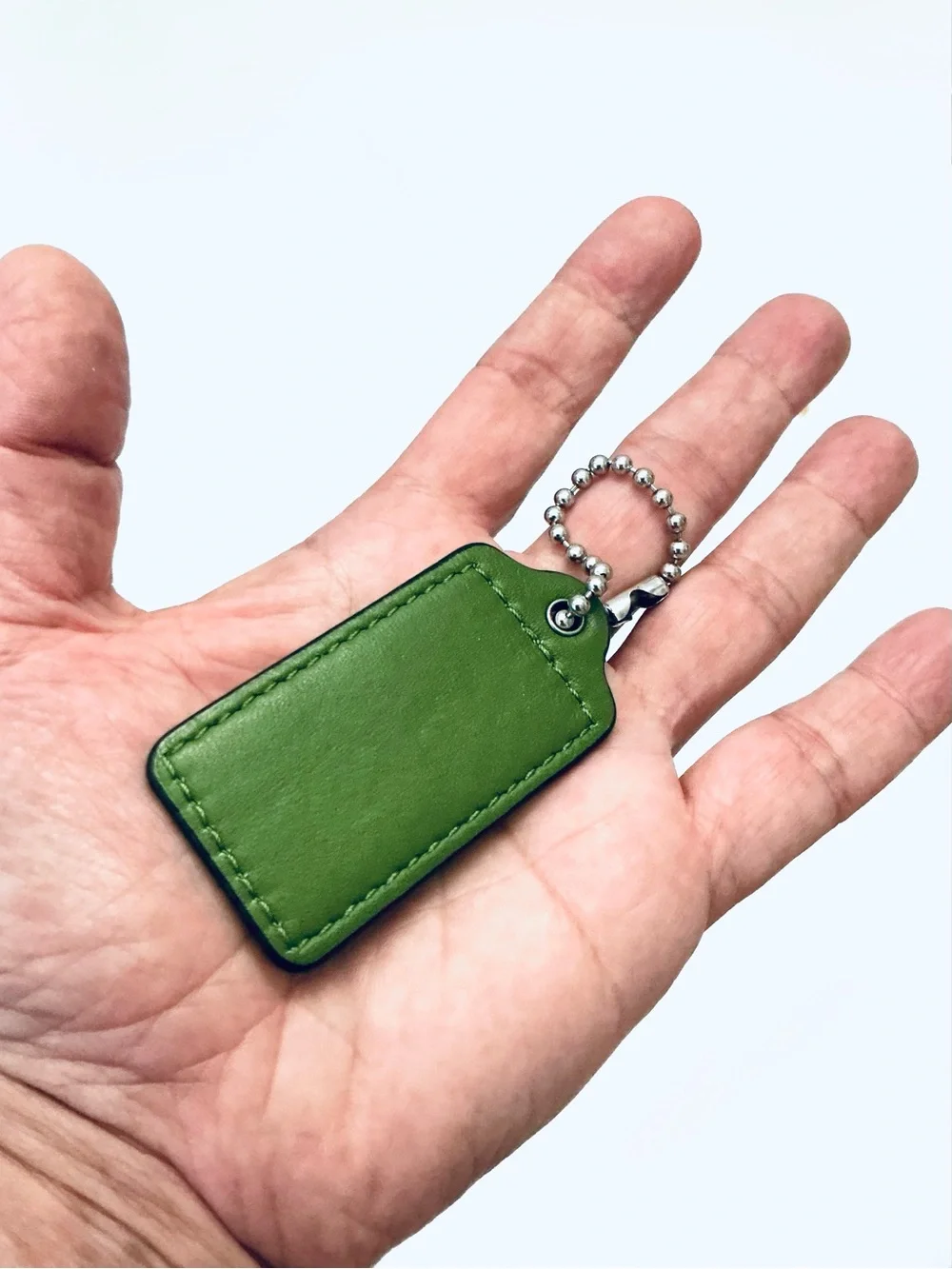 COACH, Green Leather Rectangular Key Tag with Silver Ball Chain